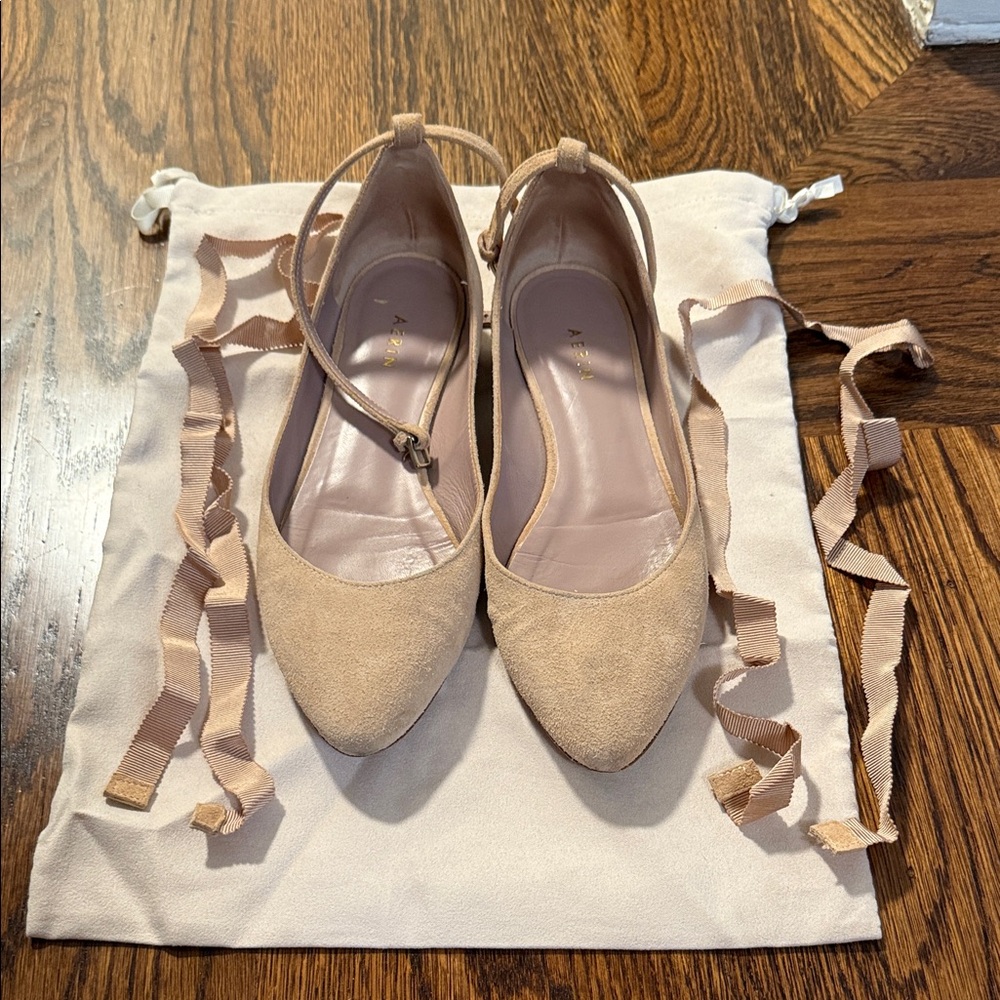 Aerin Nude Beige Suede pointy toe ballerina flats, 37.5